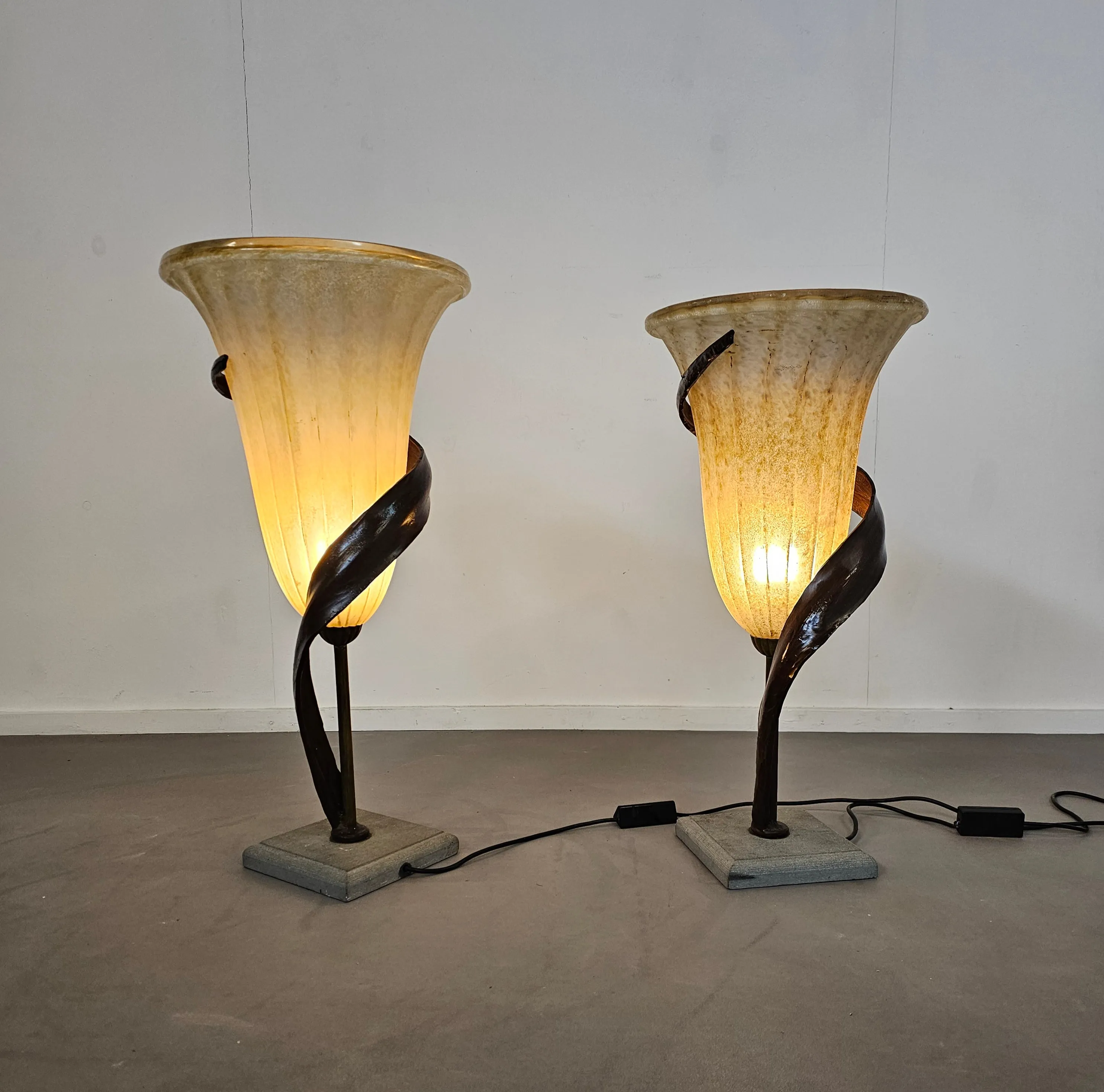 Large Jugendstil Floor / Table Lamps / Roberto Galli / Stone Base With Italian Glass Shade