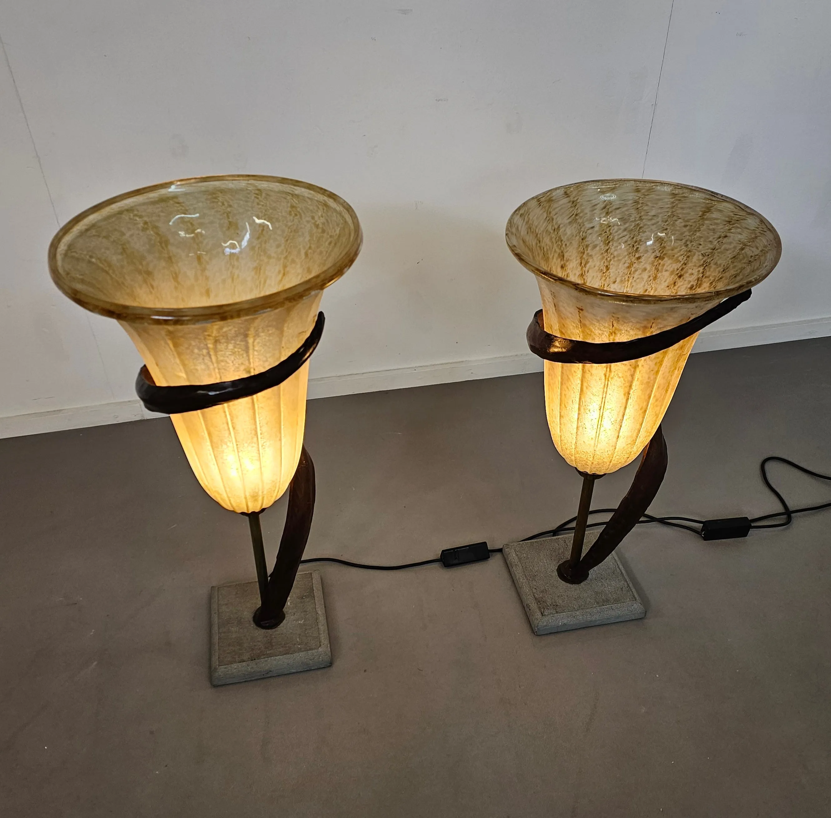 Large Jugendstil Floor / Table Lamps / Roberto Galli / Stone Base With Italian Glass Shade