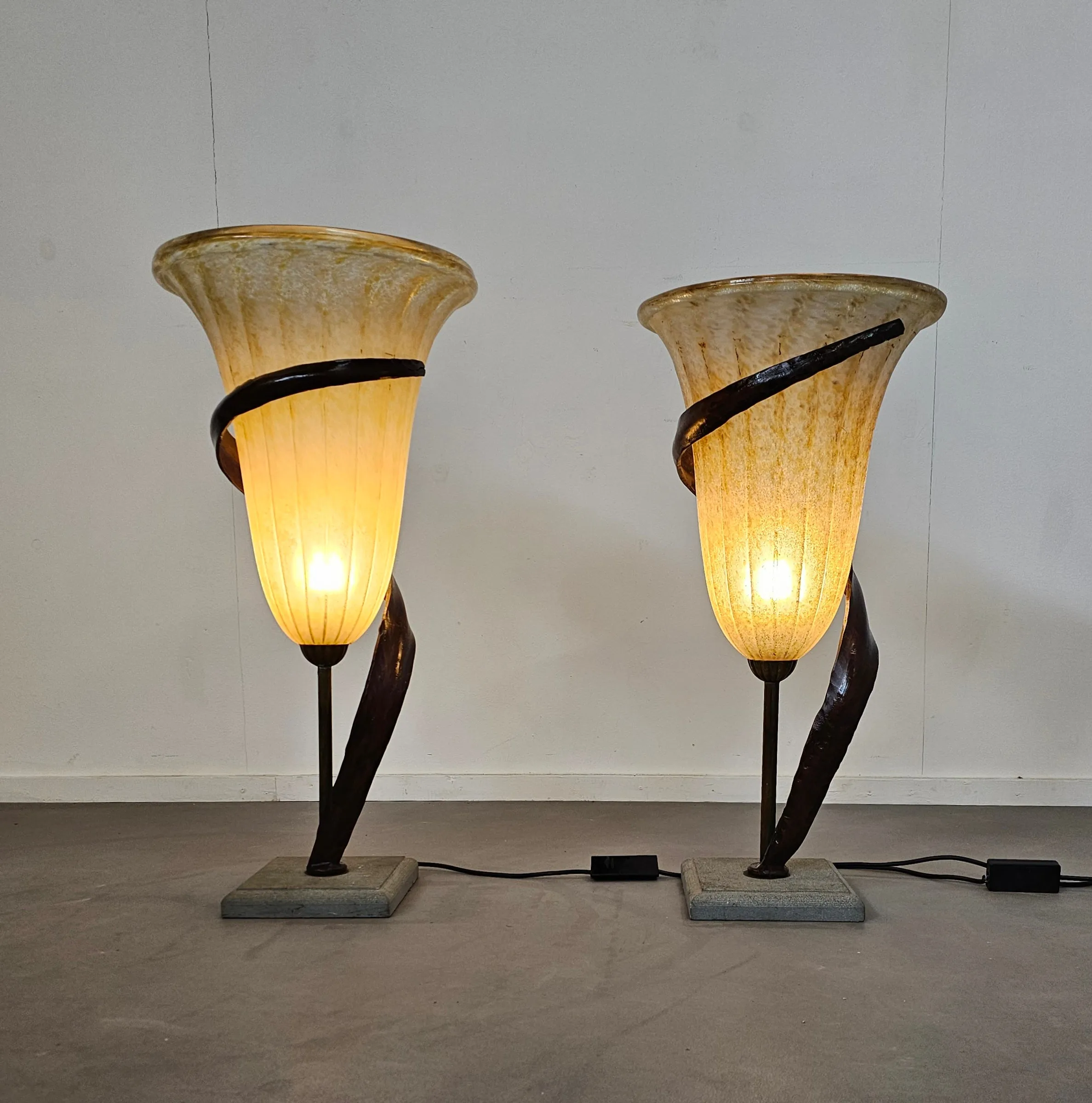 Large Jugendstil Floor / Table Lamps / Roberto Galli / Stone Base With Italian Glass Shade