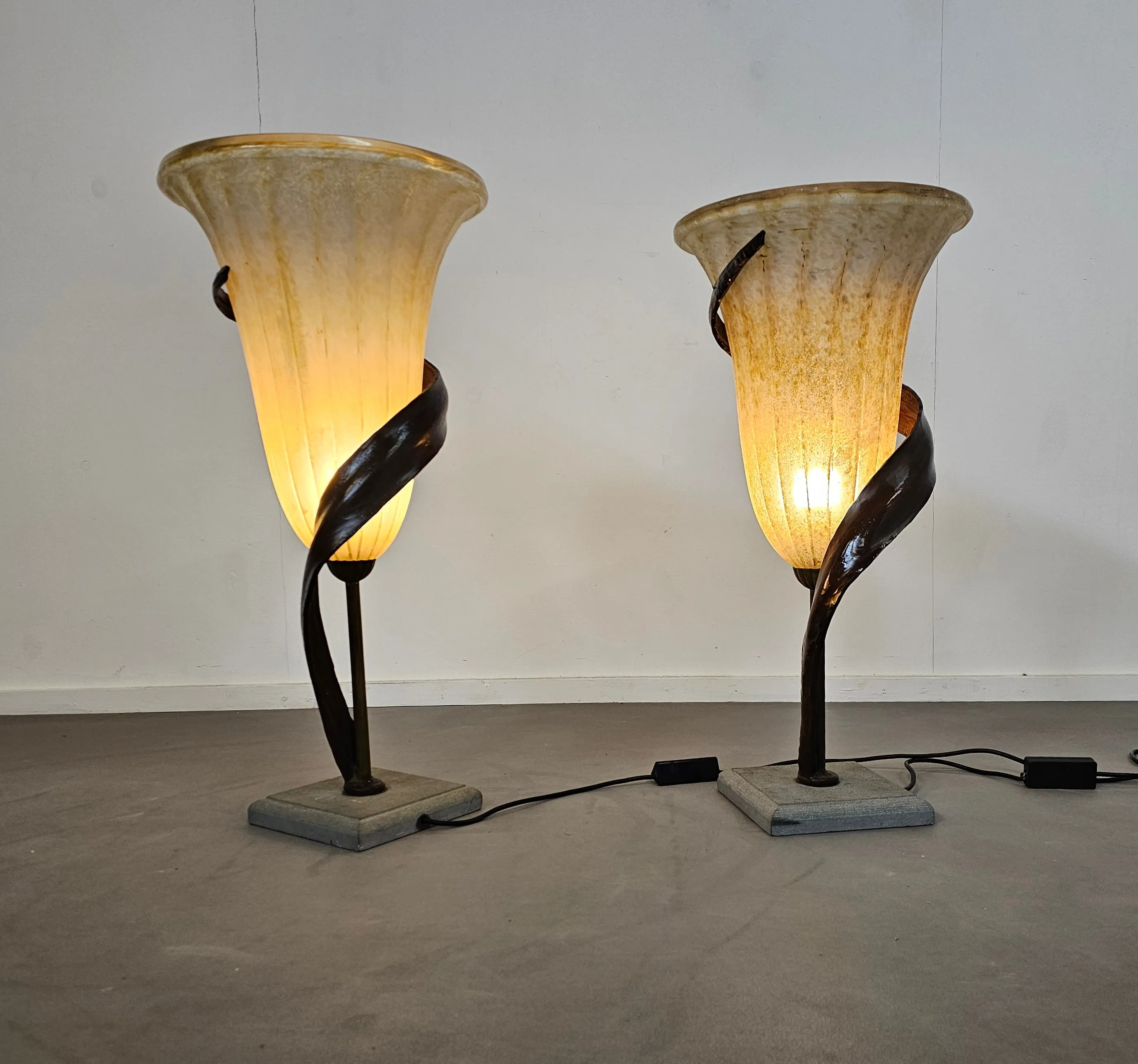 Large Jugendstil Floor / Table Lamps / Roberto Galli / Stone Base With Italian Glass Shade