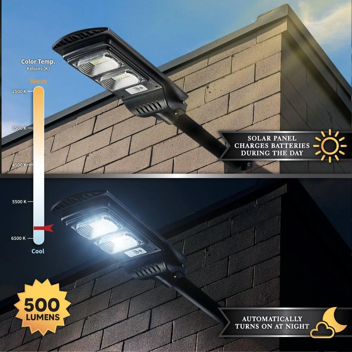 LED Street Light With Photocell, 500 Lumens, 6000K, Wall Mount, Solar