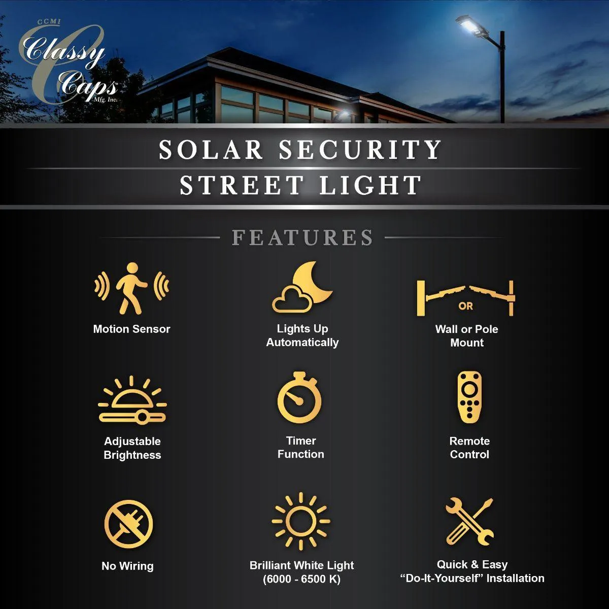 LED Street Light With Photocell, 500 Lumens, 6000K, Wall Mount, Solar