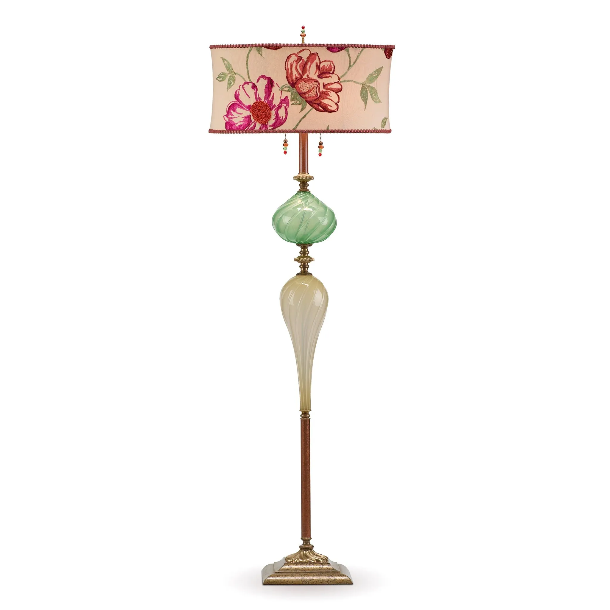 Liam Floor Lamp F245Ag109 Linen Cream Pink and Rust Floral Shade Green And Cream Blown Glass Base by Kinzig Design