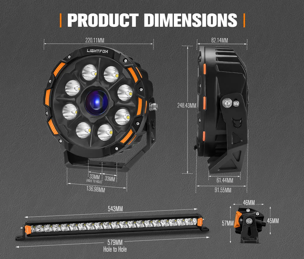 Lightfox 9 inch Osram Laser LED Driving Lights   20 inch Single Row LED Light Bar   Wiring Kit