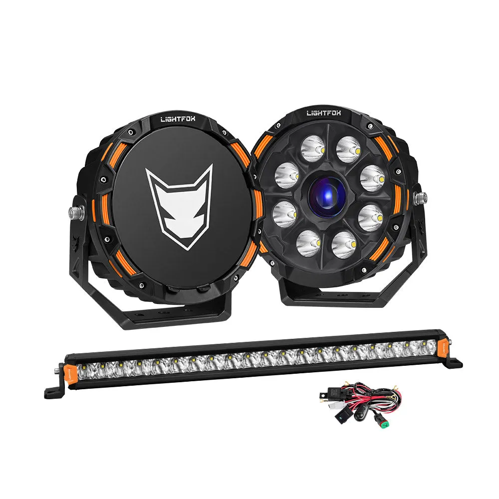 Lightfox 9 inch Osram Laser LED Driving Lights   20 inch Single Row LED Light Bar   Wiring Kit