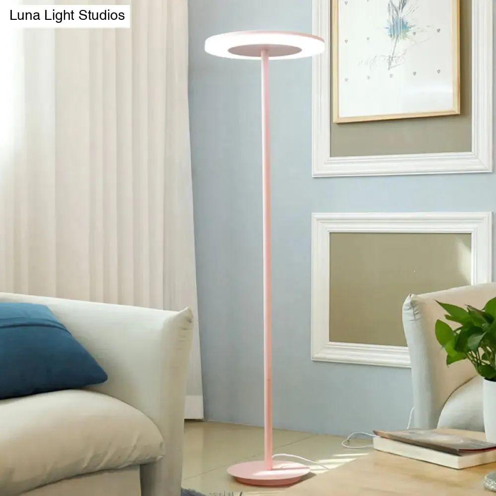 Macaron-Style LED Floor Lamp - Acrylic Disc Stand with Slender Pink/Yellow Stem: Warm/White Light