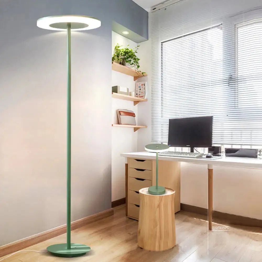 Macaron-Style LED Floor Lamp - Acrylic Disc Stand with Slender Pink/Yellow Stem: Warm/White Light