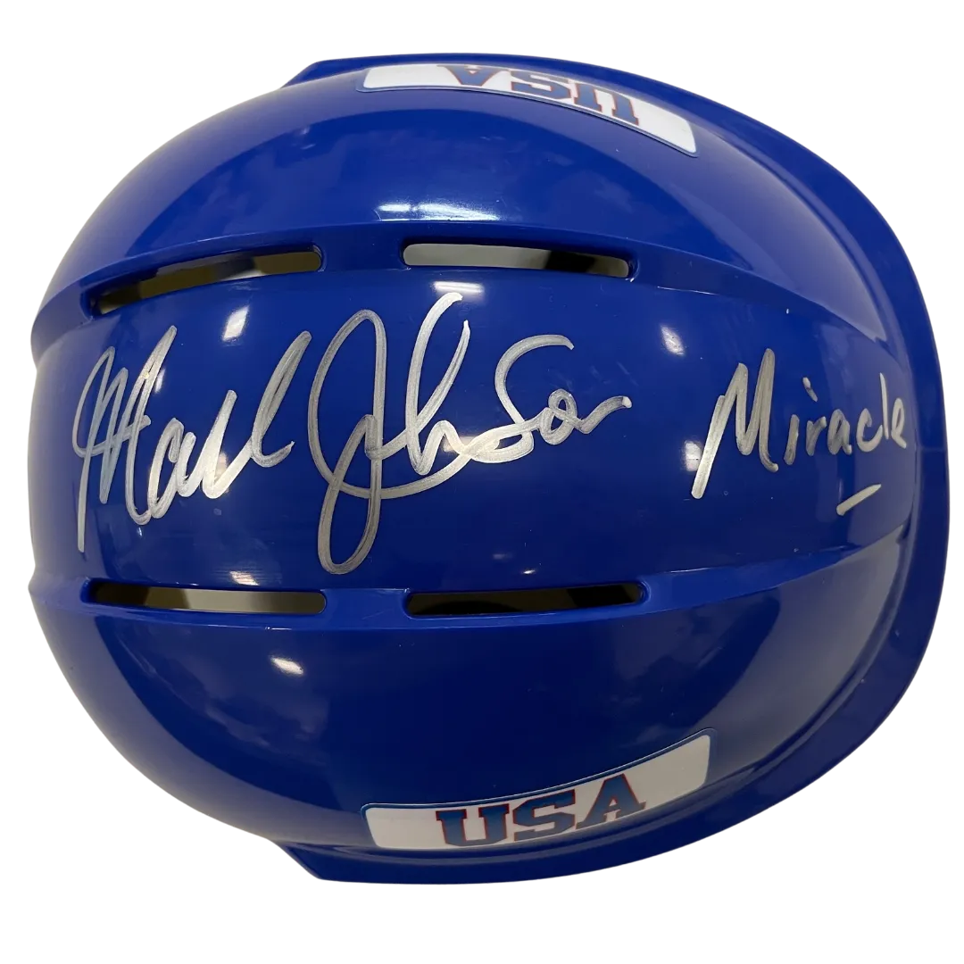 Mark Johnson Autographed Royal Blue Mini Helmet "Miracle" (Standard Number)