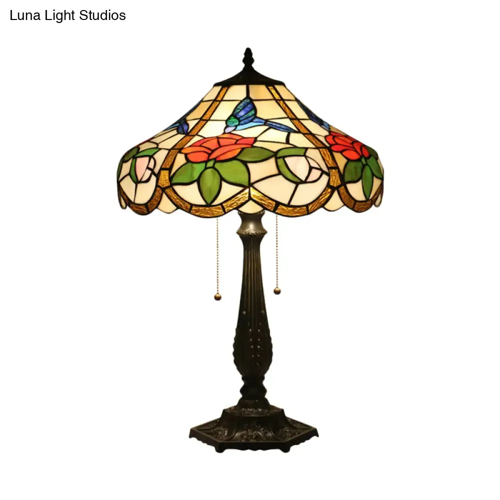 Mediterranean Bronze Petal Pattern Table Lamp with Pull Chain - 2 Bulb Bedroom Lighting