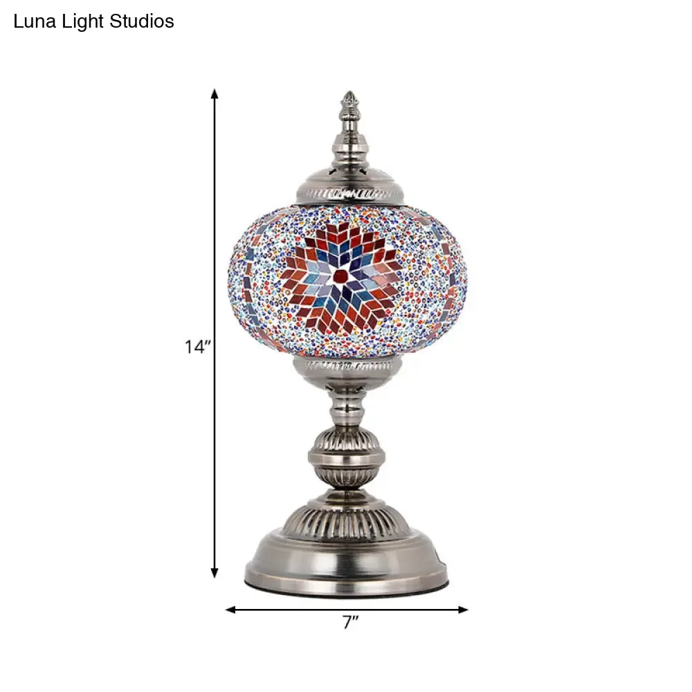 Mediterranean Stained Glass Tower Nightstand Lamp - Red/Blue/Yellow with Blue Accent Bulb