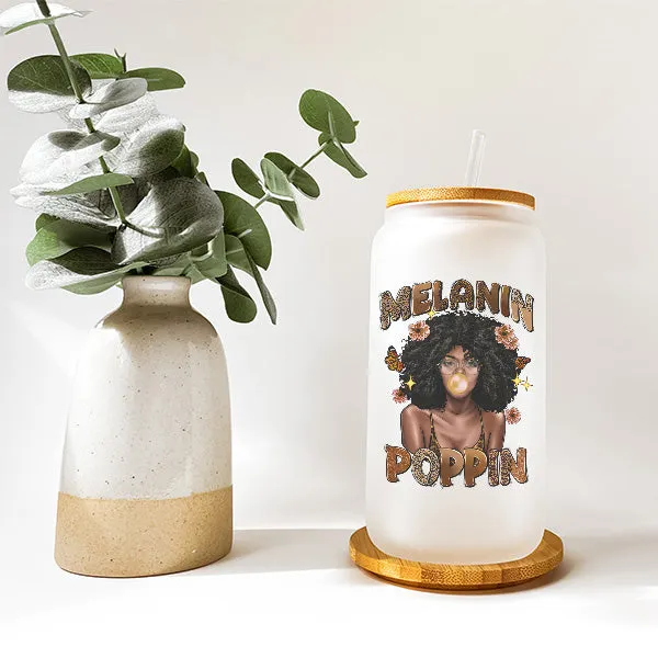 Melanin Poppin 16oz Frosted Iced Coffee Glass Cup - Black History Month Tumbler - Tumbler with lid and straw