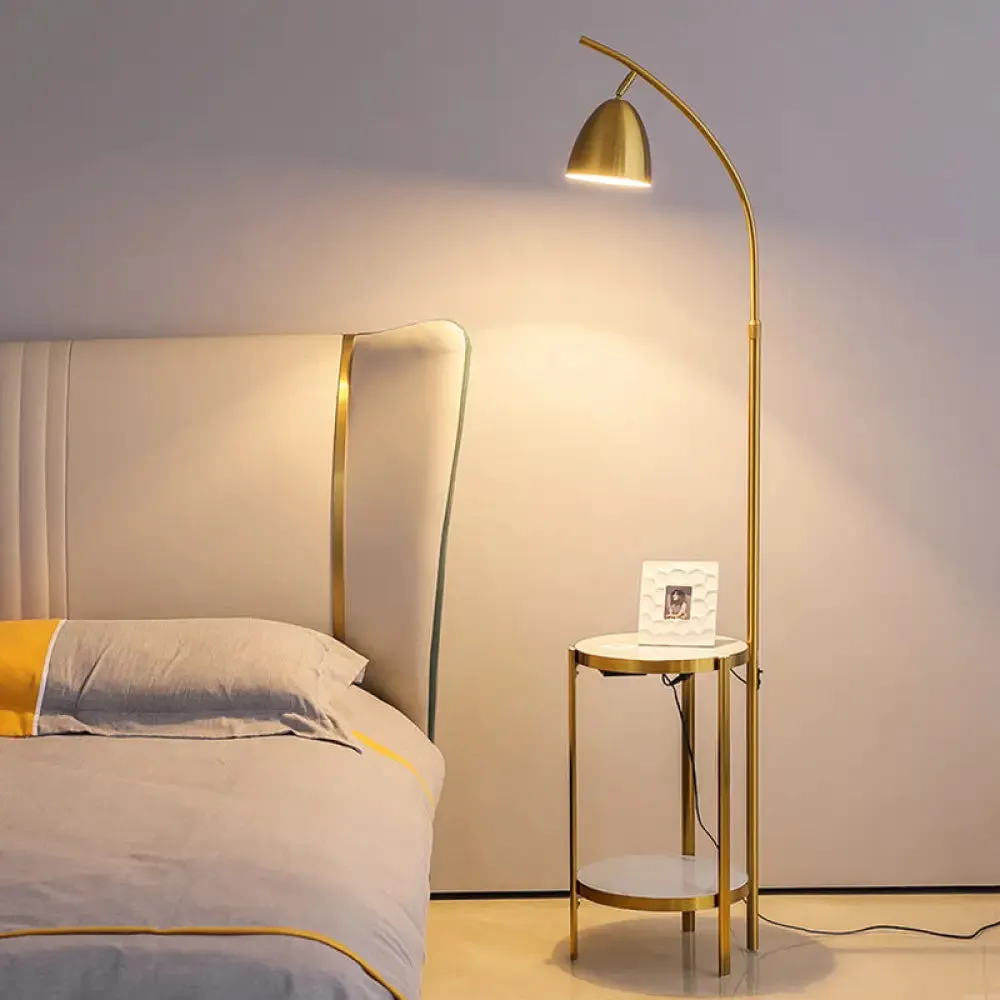 Metallic Single-Bulb Nordic Style Bedside Floor Lamp with 2-Tier Marble Shelf