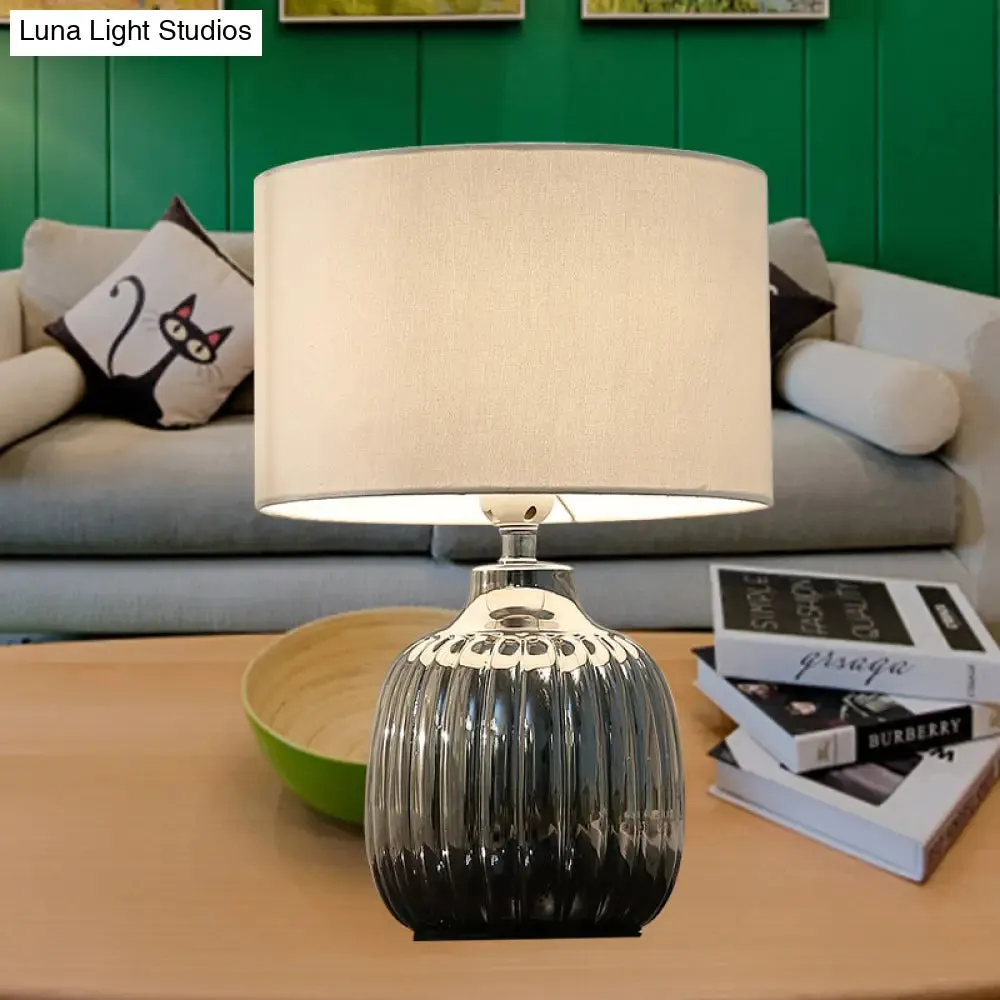 Minimal White Ceramic Table Light- 14"/15" L, 1 Bulb, with Drum Fabric Shade- Ideal for Bedroom Night Lighting