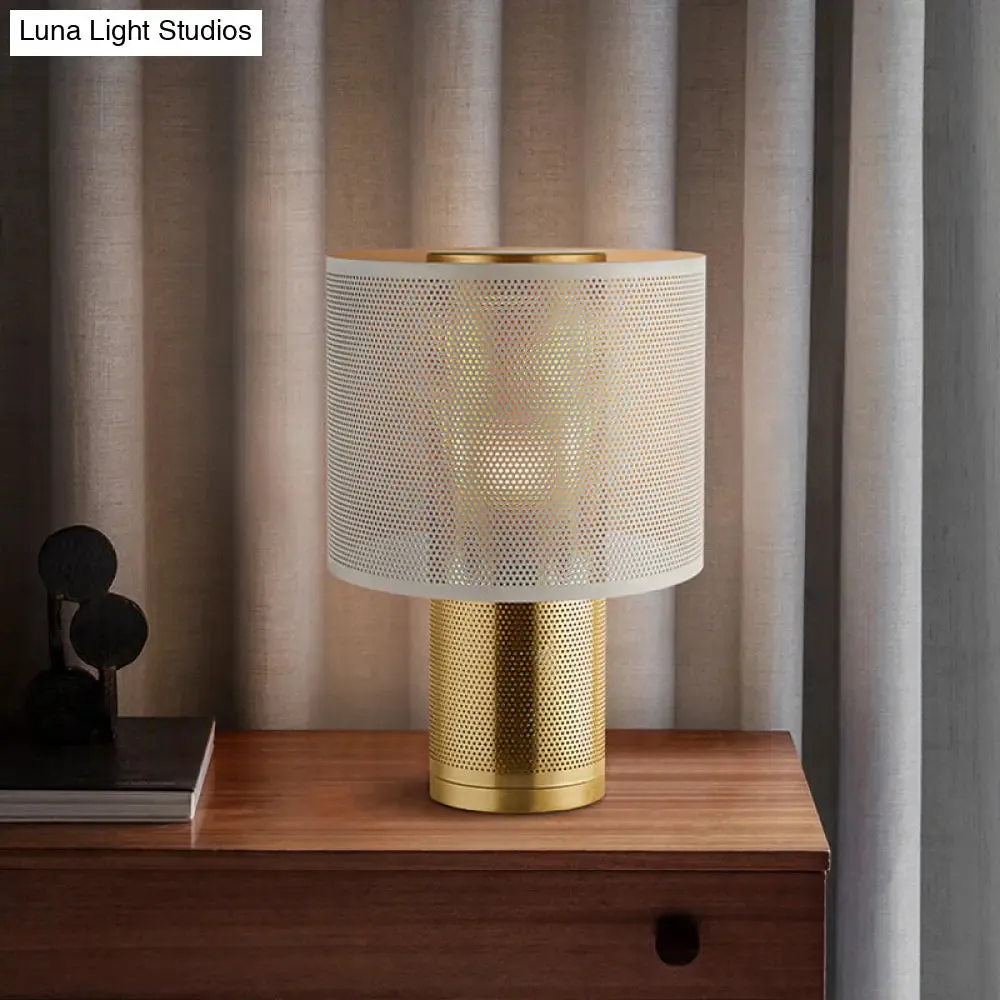 Minimalist 1-Light White Cylinder Nightstand Lamp with Metal Shade – Bedroom Lighting