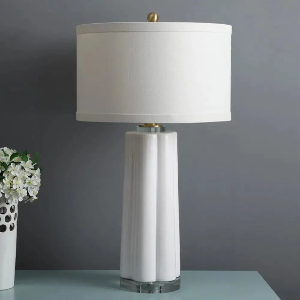 Modern Ceramic Round Fabric Nightstand Lamp - White Finish, 1 Head