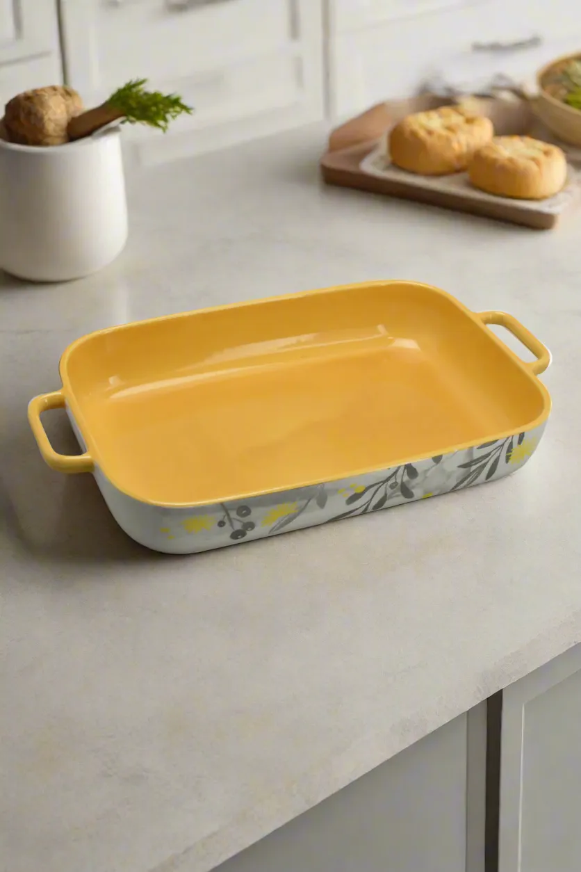 Mustard And White Floral Rectangle Baking Dish