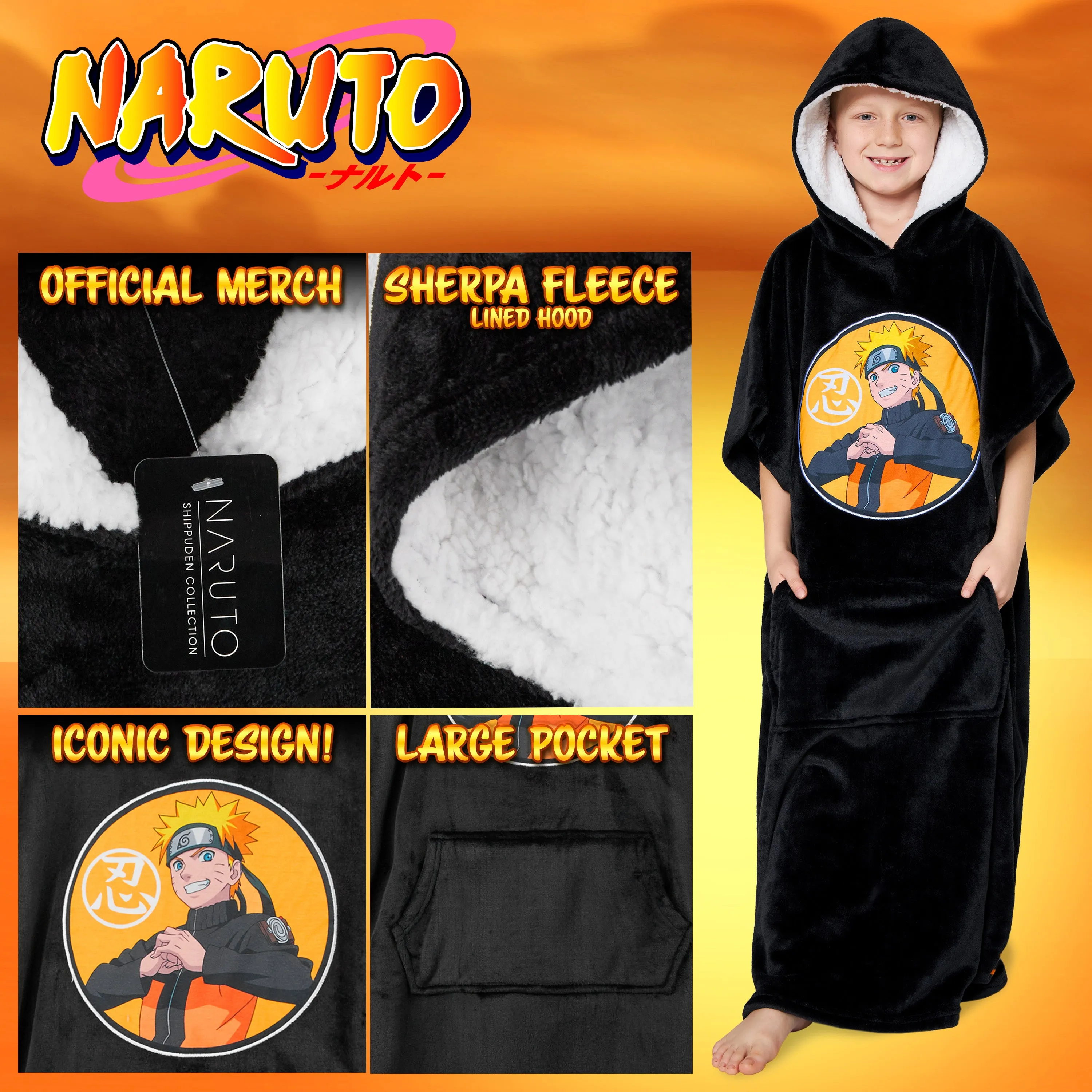 Naruto Fleece Hoodie Blanket for Boys and Teenagers - Black