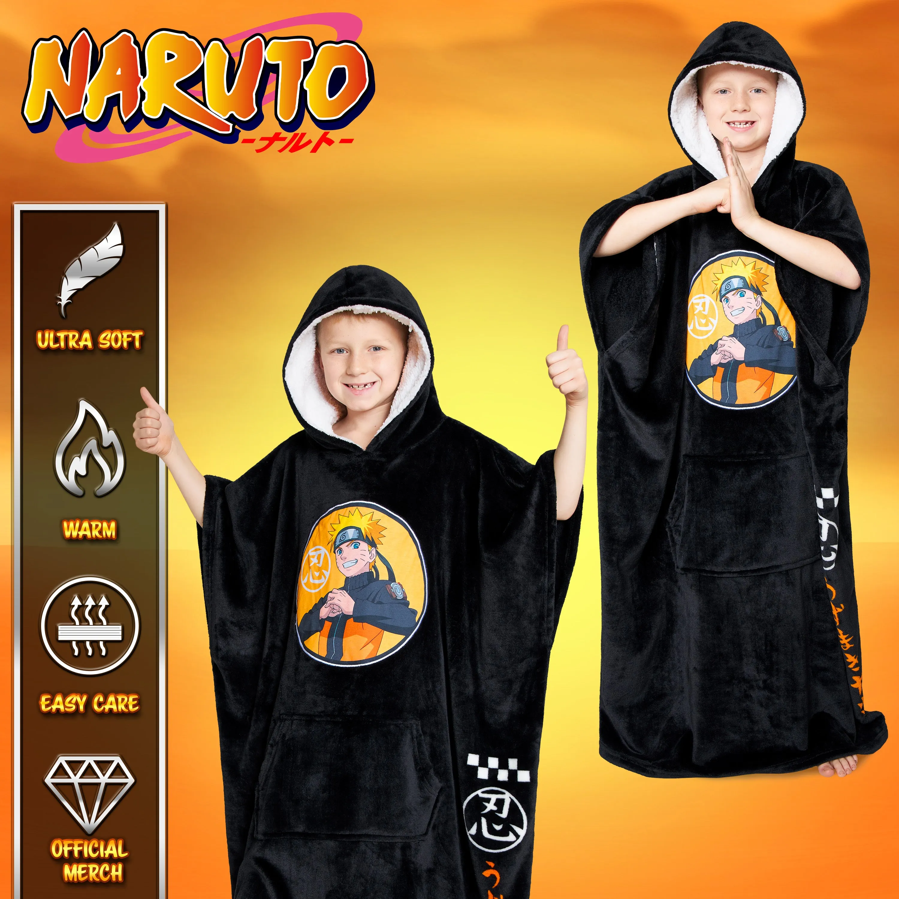 Naruto Fleece Hoodie Blanket for Boys and Teenagers - Black