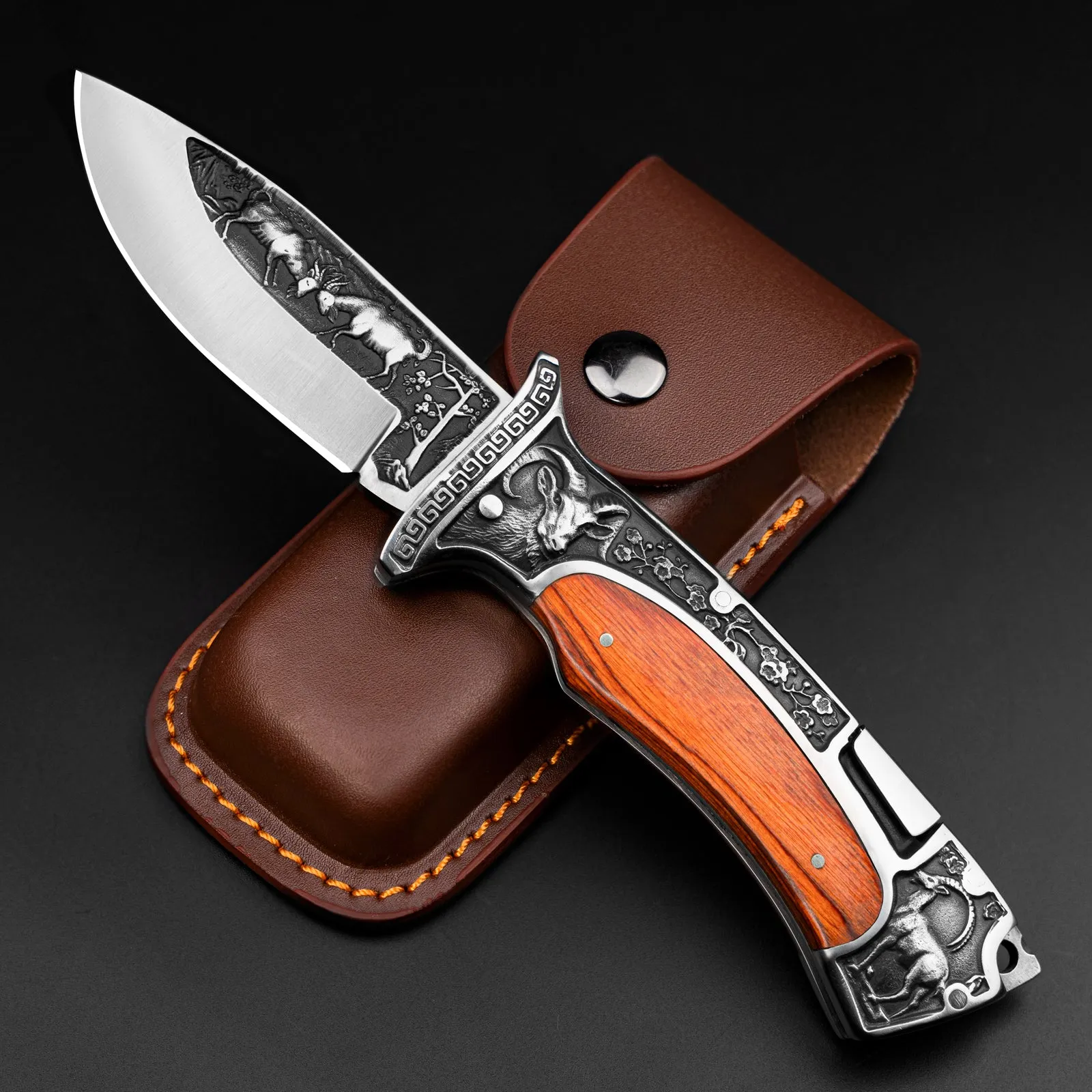 Nedfoss Rams Folding Pocket Knife with 3.8” Engraved Blade and Wood Handle