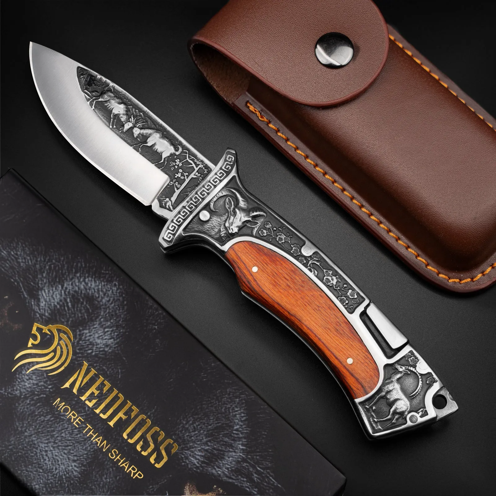 Nedfoss Rams Folding Pocket Knife with 3.8” Engraved Blade and Wood Handle