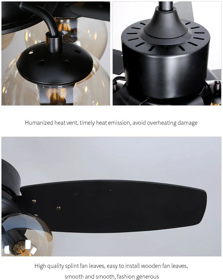 Nordic Industrial Wind Magic Bean Glass Ceiling Fan Light Wood Leaf Black Fan Lamp