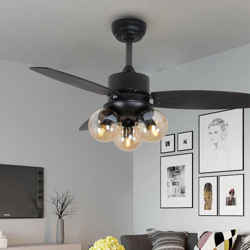 Nordic Industrial Wind Magic Bean Glass Ceiling Fan Light Wood Leaf Black Fan Lamp