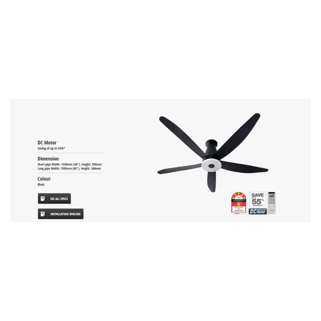 Panasonic F-M15EXVBKQH 150cm/60" Aura Series 5-Blade Ceiling Fan (Short Pipe)