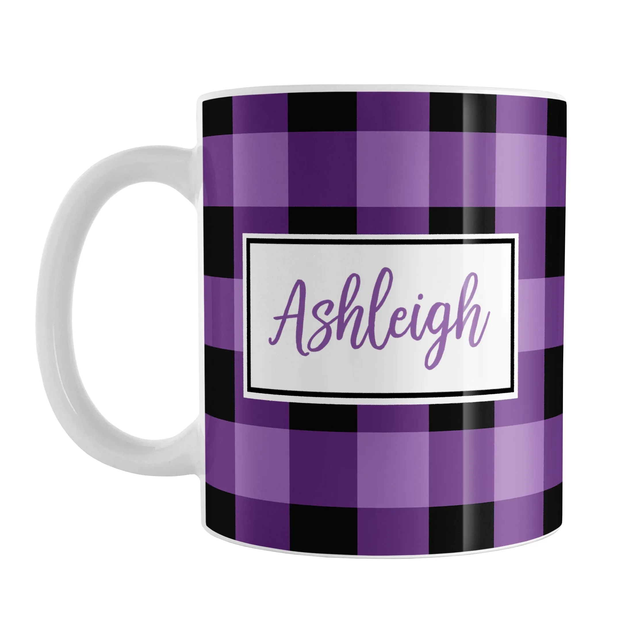 Personalized Name Purple and Black Buffalo Plaid Mug