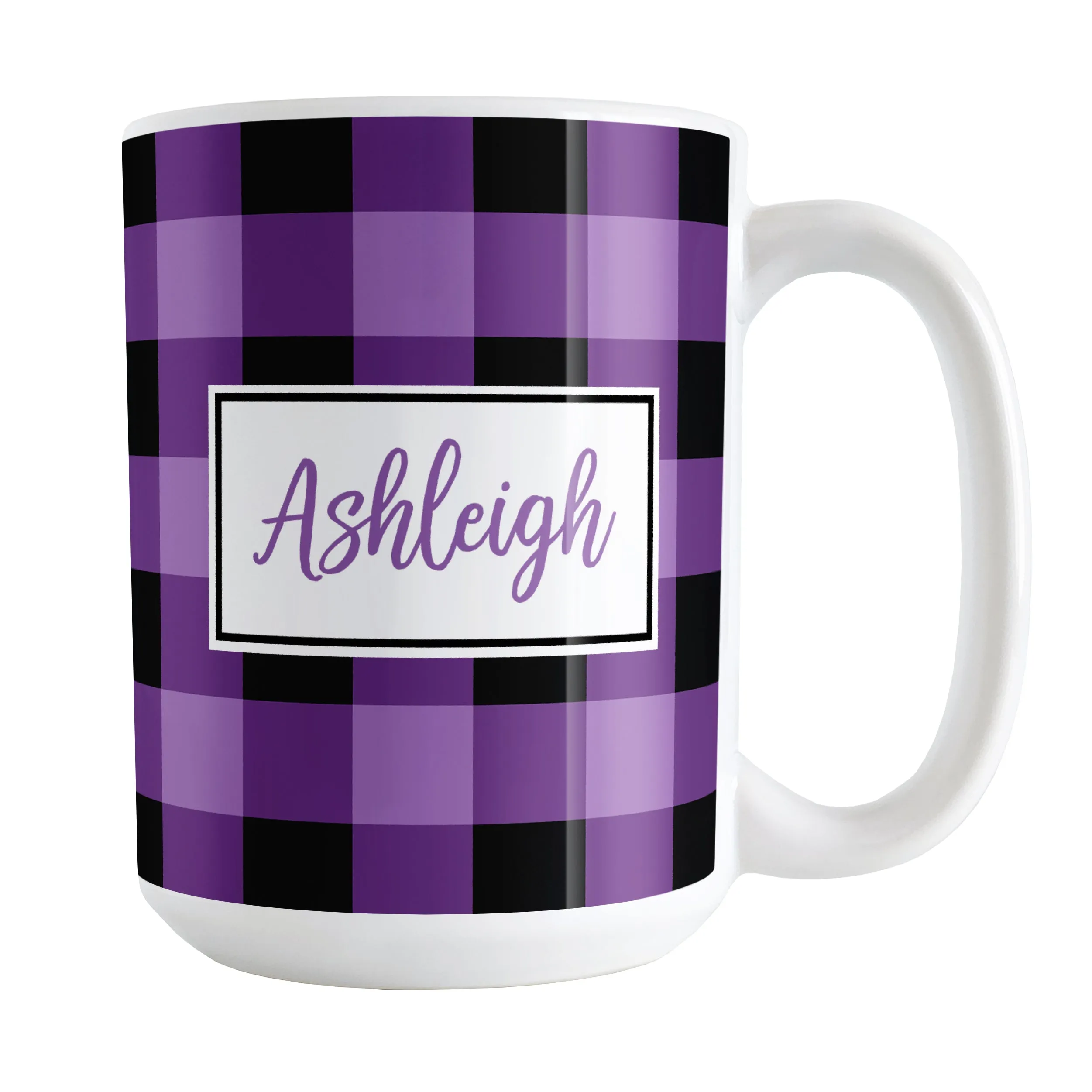 Personalized Name Purple and Black Buffalo Plaid Mug