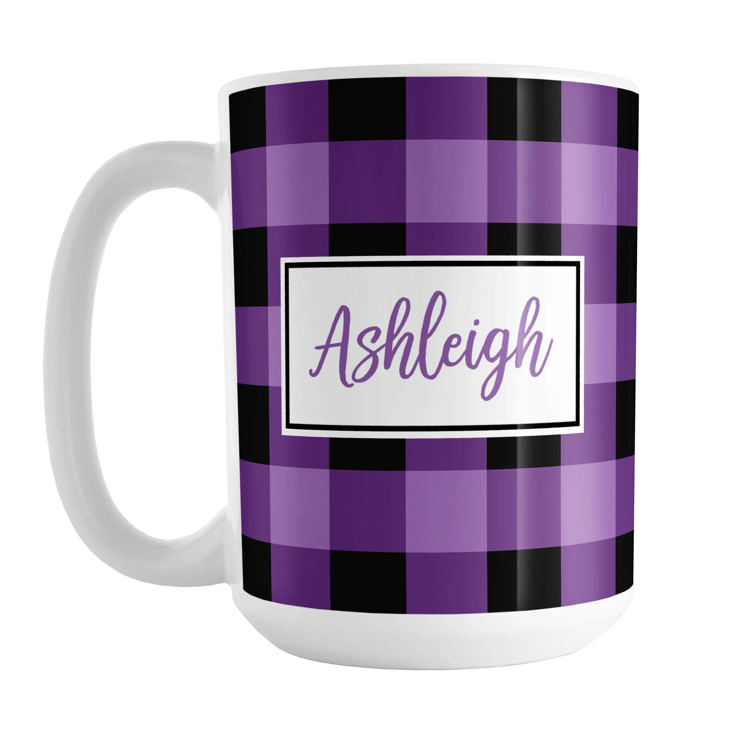 Personalized Name Purple and Black Buffalo Plaid Mug