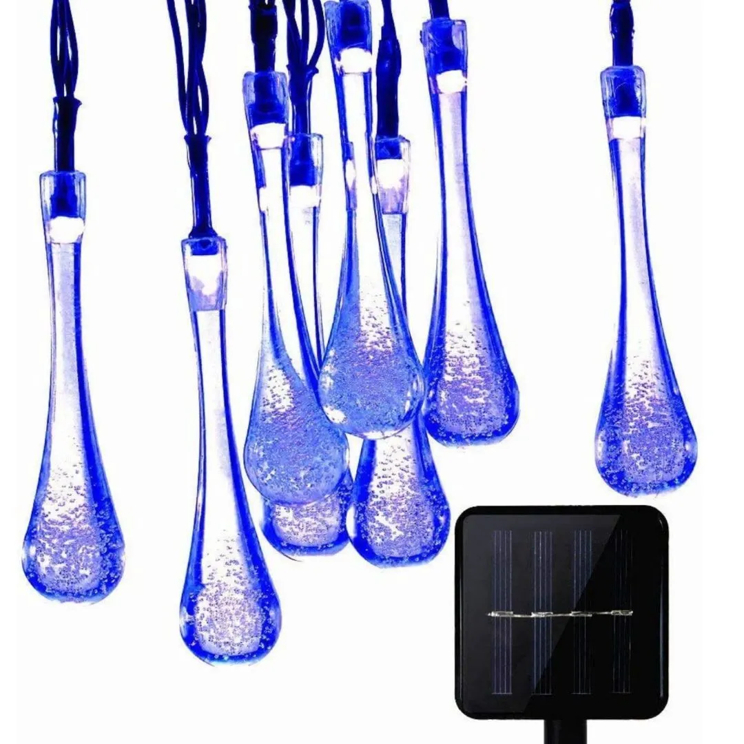 Raindrop Design Solar Powered Blue & White Led String Lights