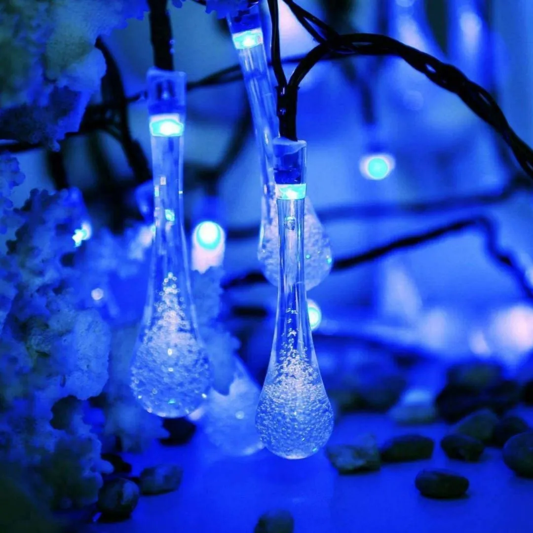 Raindrop Design Solar Powered Blue & White Led String Lights