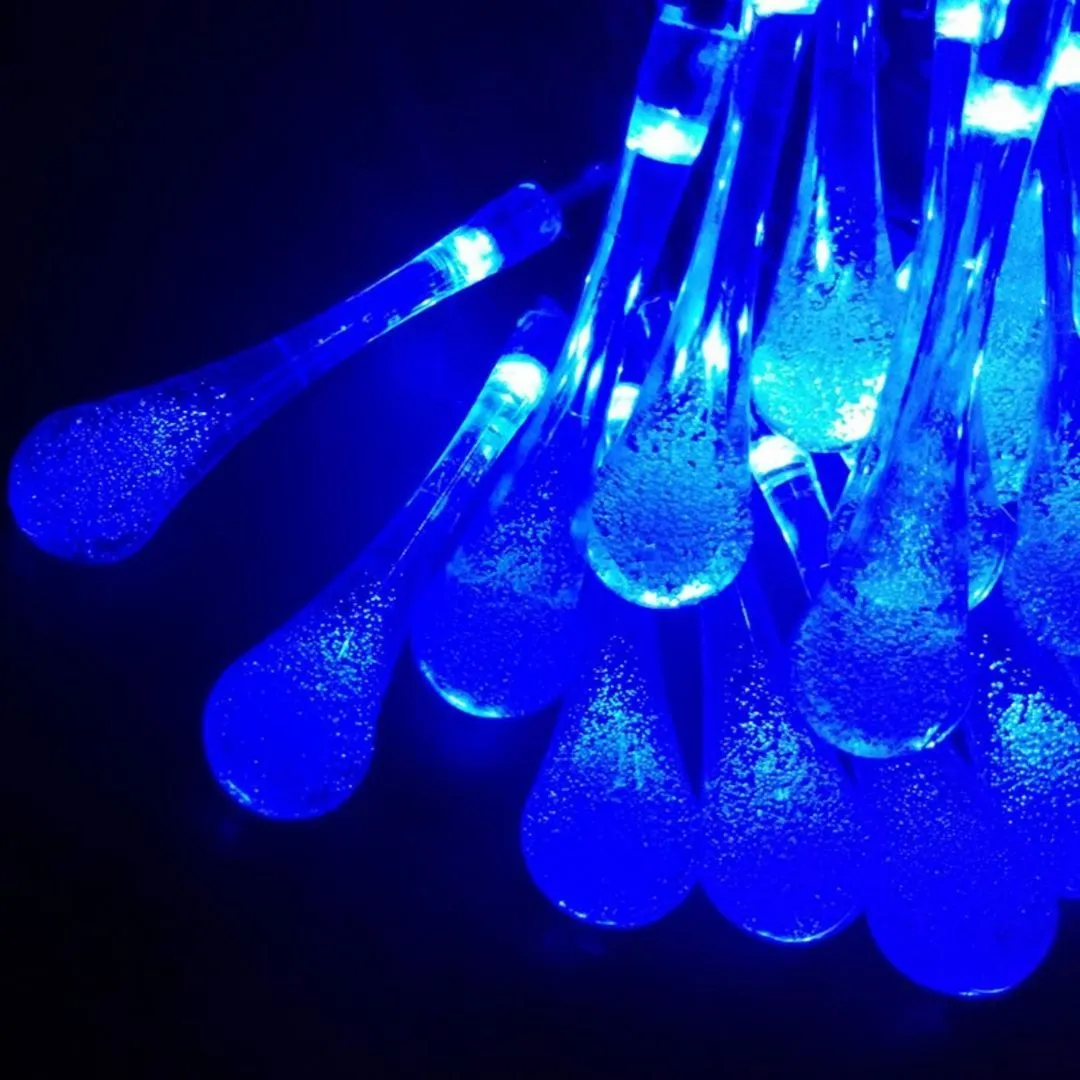 Raindrop Design Solar Powered Blue & White Led String Lights