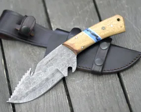 Shokunin USA Backtwister - Gut Hook Knife with Bottle Opener - 10" Damascus Steel Hunting Knife