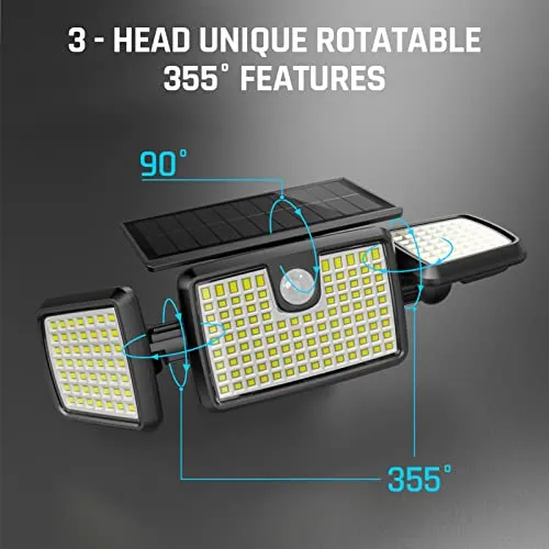 Solar Lights Outdoor, 3 Head Solar Motion Lights Outdoor with 2500LM 218 LEDs High Brightness, Built-in Bigger Tempered Glass Solar Panel, Sensitive PIR Motion Inductor(2-Pack)