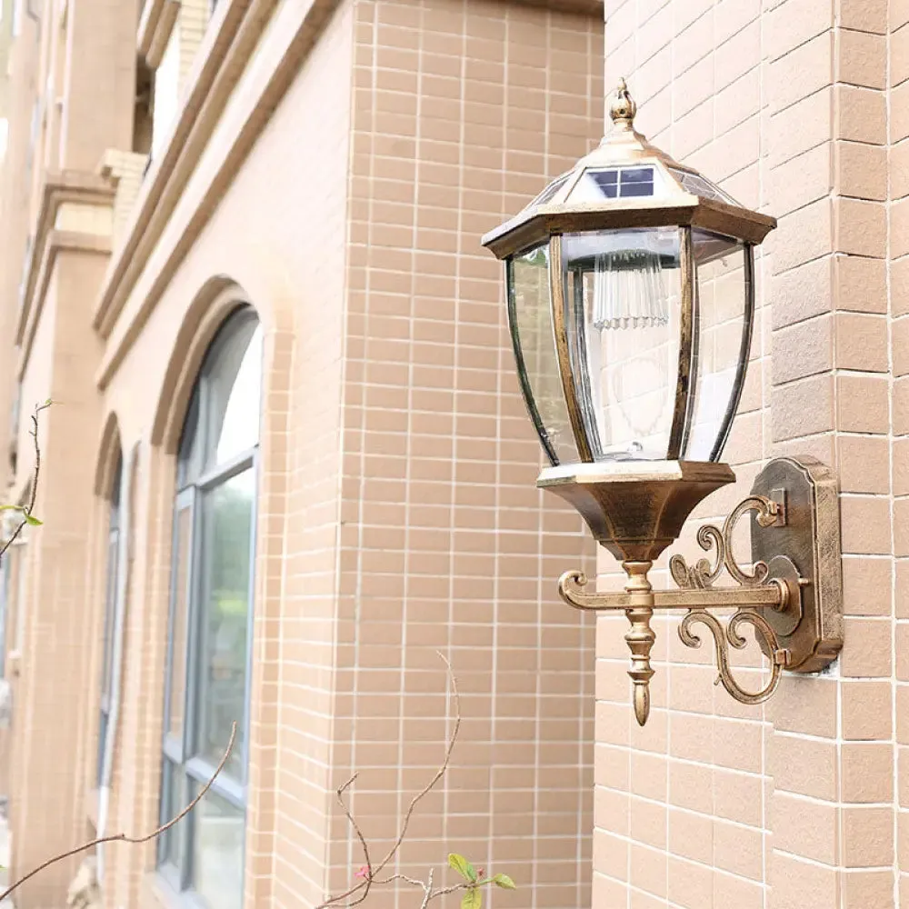 Solar Vintage House Wall Light with Metal Frame, Glass Shade, and LED Bulb - Outdoor Wall Mounted Lamp