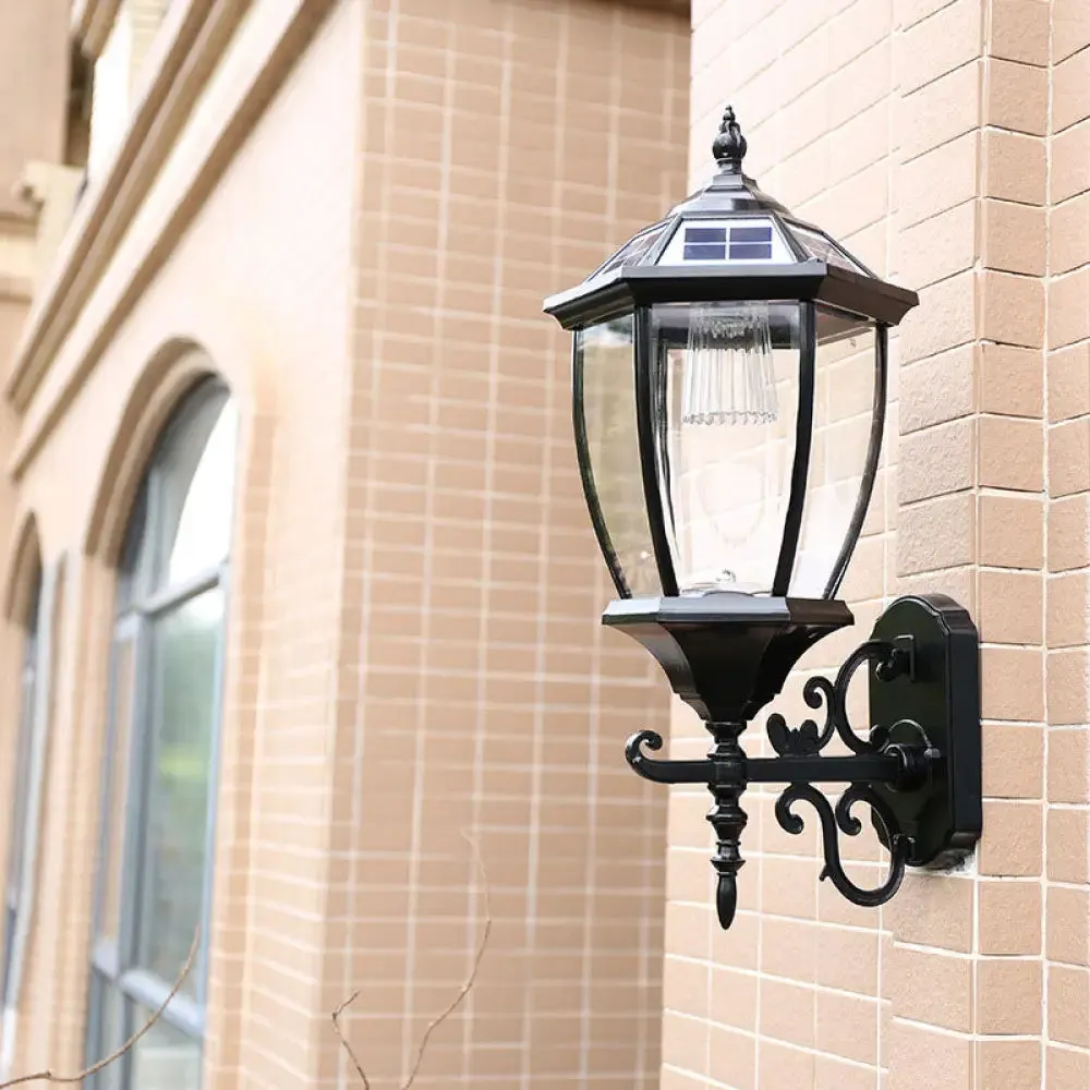 Solar Vintage House Wall Light with Metal Frame, Glass Shade, and LED Bulb - Outdoor Wall Mounted Lamp