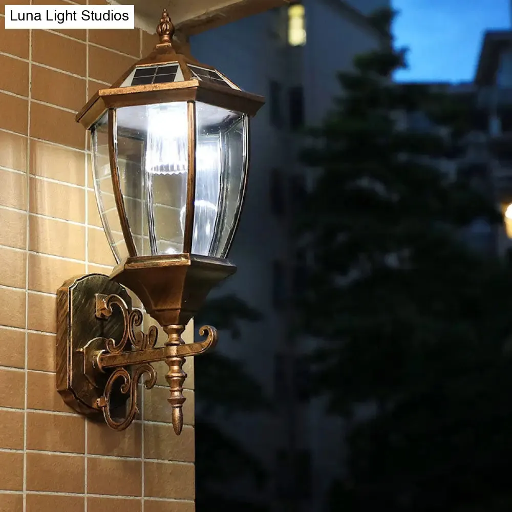 Solar Vintage House Wall Light with Metal Frame, Glass Shade, and LED Bulb - Outdoor Wall Mounted Lamp