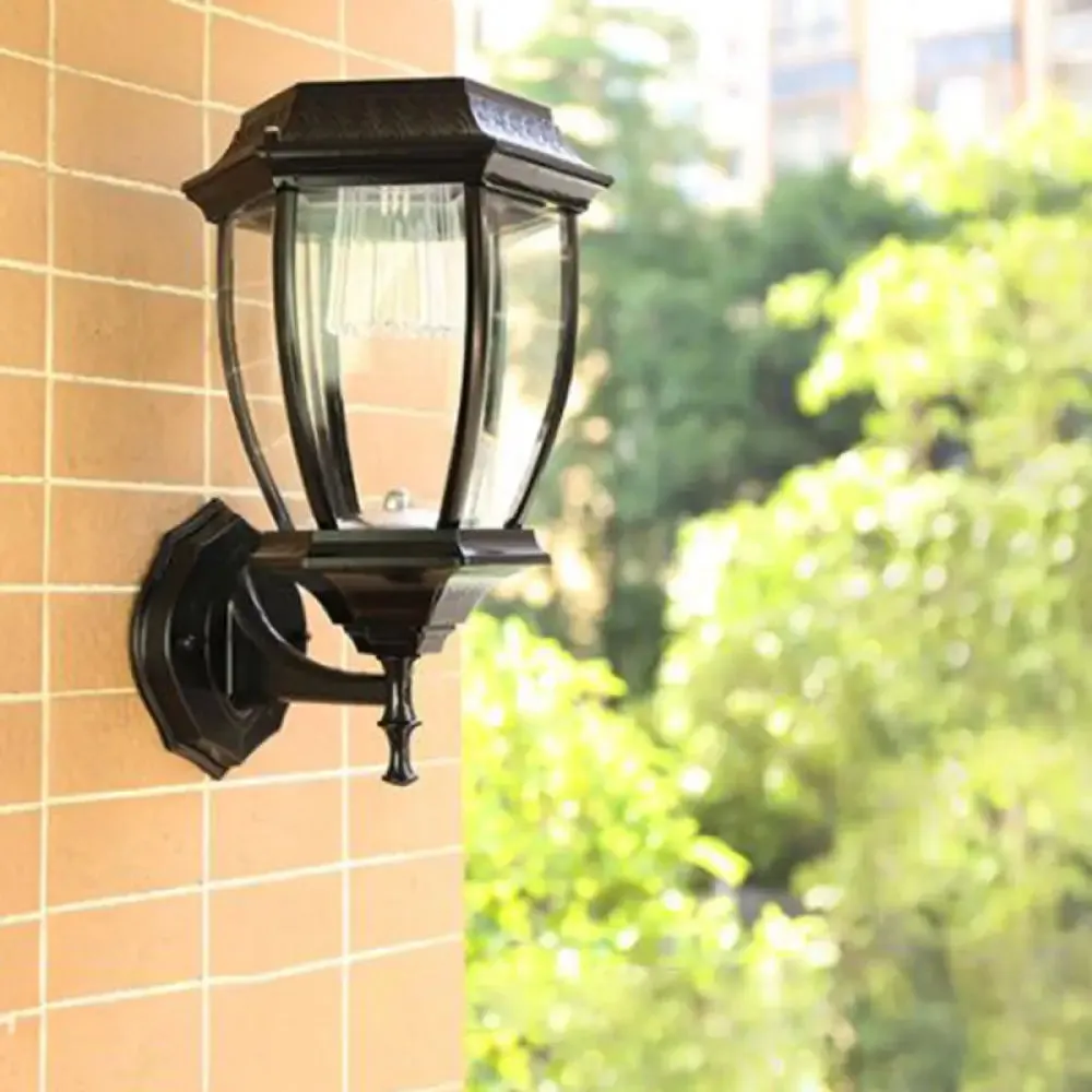 Solar Vintage House Wall Light with Metal Frame, Glass Shade, and LED Bulb - Outdoor Wall Mounted Lamp