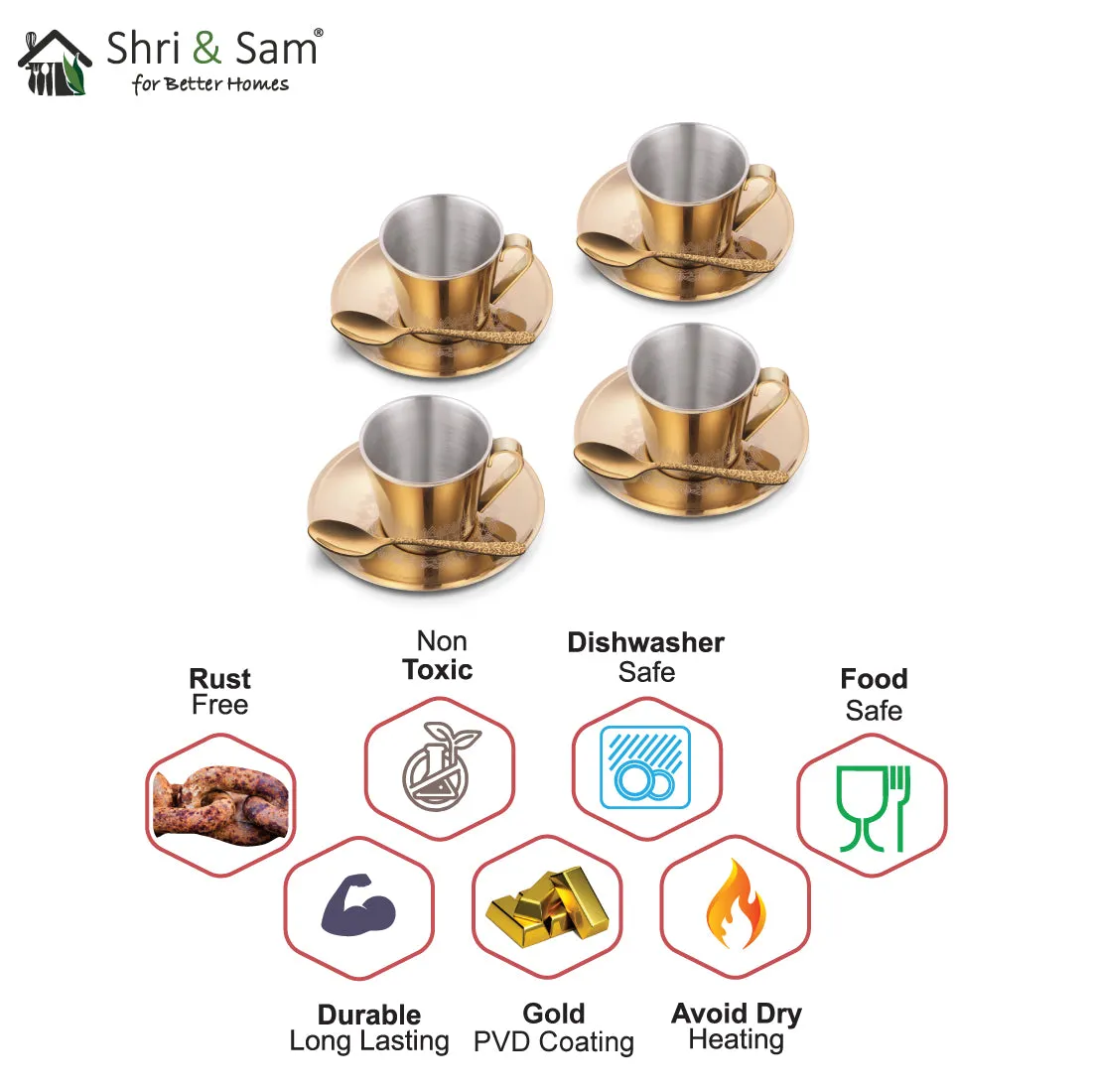 Stainless Steel 4 PCS Double Wall Cup and Saucer with Gold PVD Coating & Laser Rise