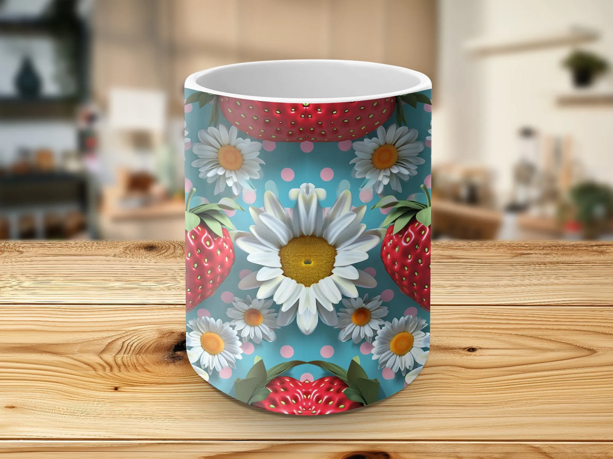 Strawberry and Daisy Pattern Mug, Cute Summer Fruit Coffee Cup, Floral Kitchen Decor, Gift for Garden Lovers