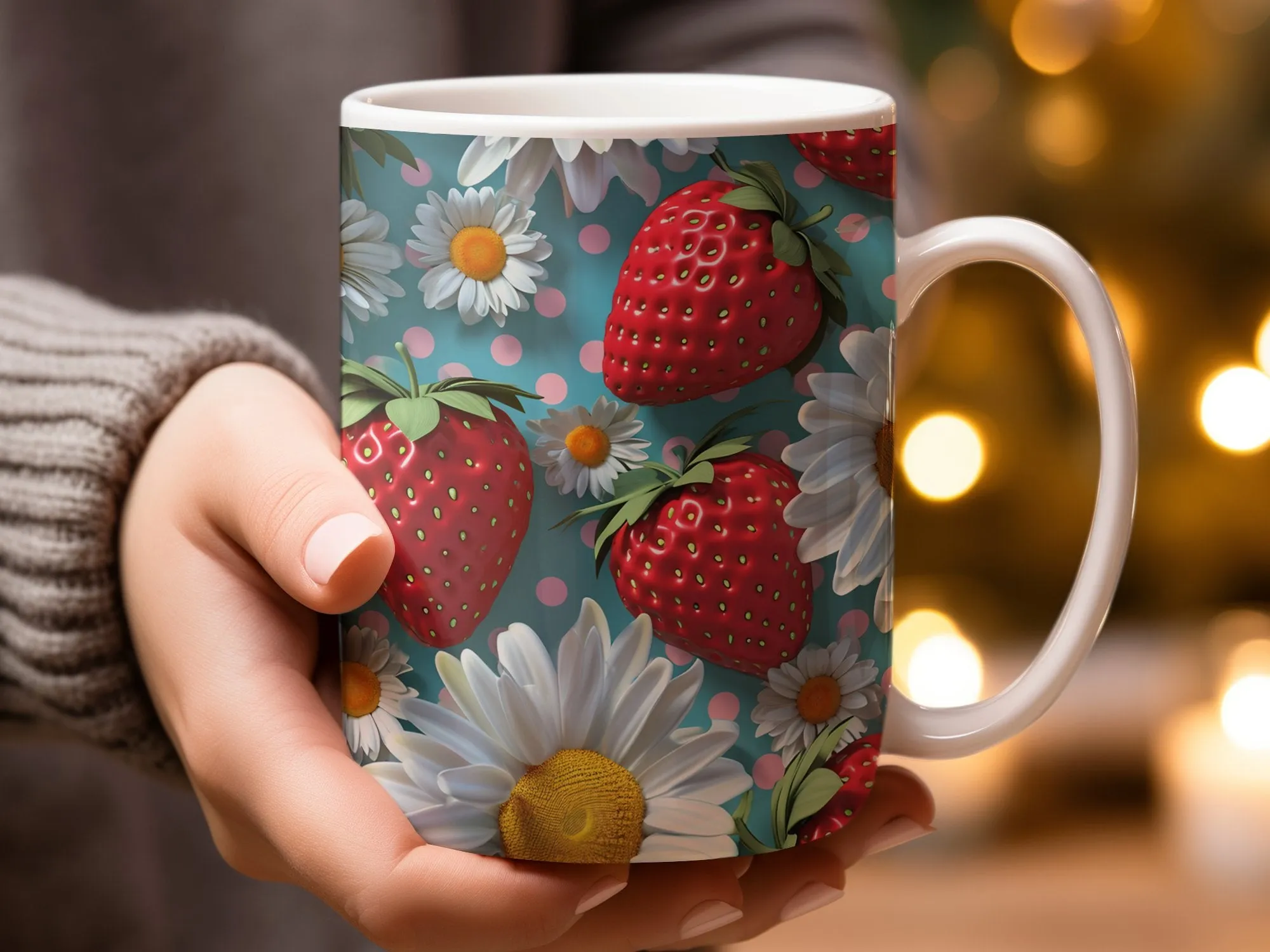 Strawberry and Daisy Pattern Mug, Cute Summer Fruit Coffee Cup, Floral Kitchen Decor, Gift for Garden Lovers