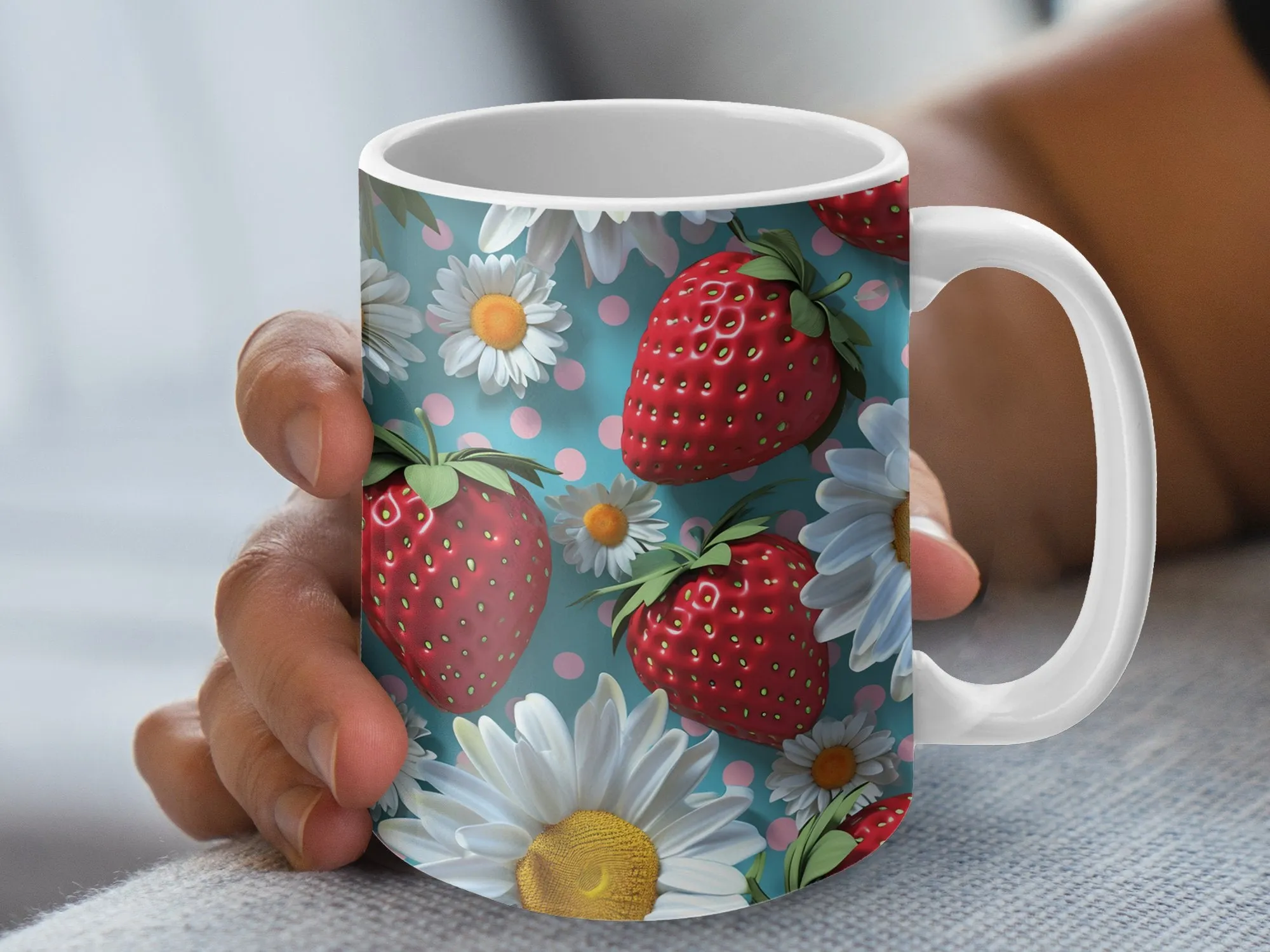 Strawberry and Daisy Pattern Mug, Cute Summer Fruit Coffee Cup, Floral Kitchen Decor, Gift for Garden Lovers