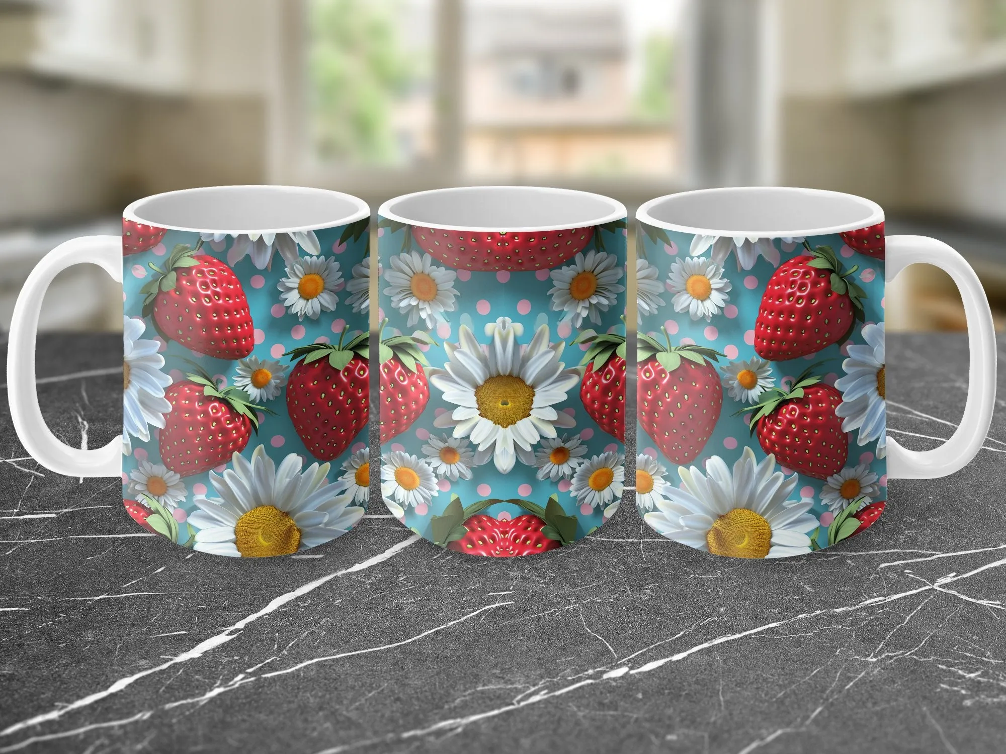 Strawberry and Daisy Pattern Mug, Cute Summer Fruit Coffee Cup, Floral Kitchen Decor, Gift for Garden Lovers