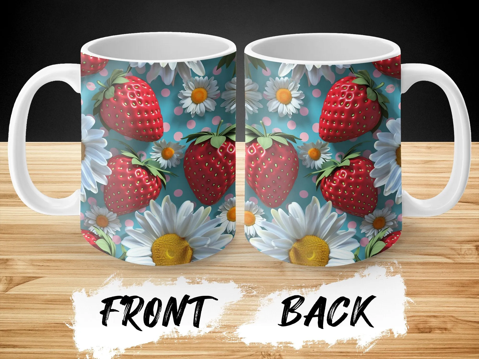 Strawberry and Daisy Pattern Mug, Cute Summer Fruit Coffee Cup, Floral Kitchen Decor, Gift for Garden Lovers