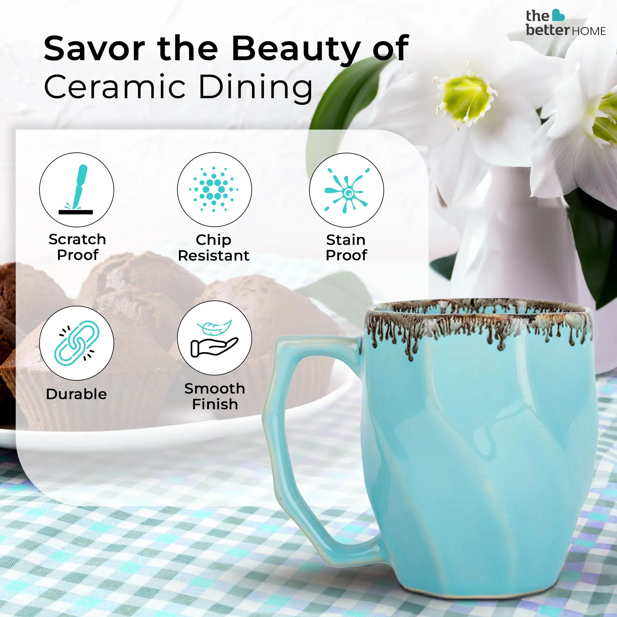 The Better Home Terra Series Ceramic Tea Coffee Cup with Handles (280 ml x 4) | Microwave Safe | Scratch Resistant | Stain Proof | Glossy Finish | Gifting Set | (Pack of 4- Sky Blue)