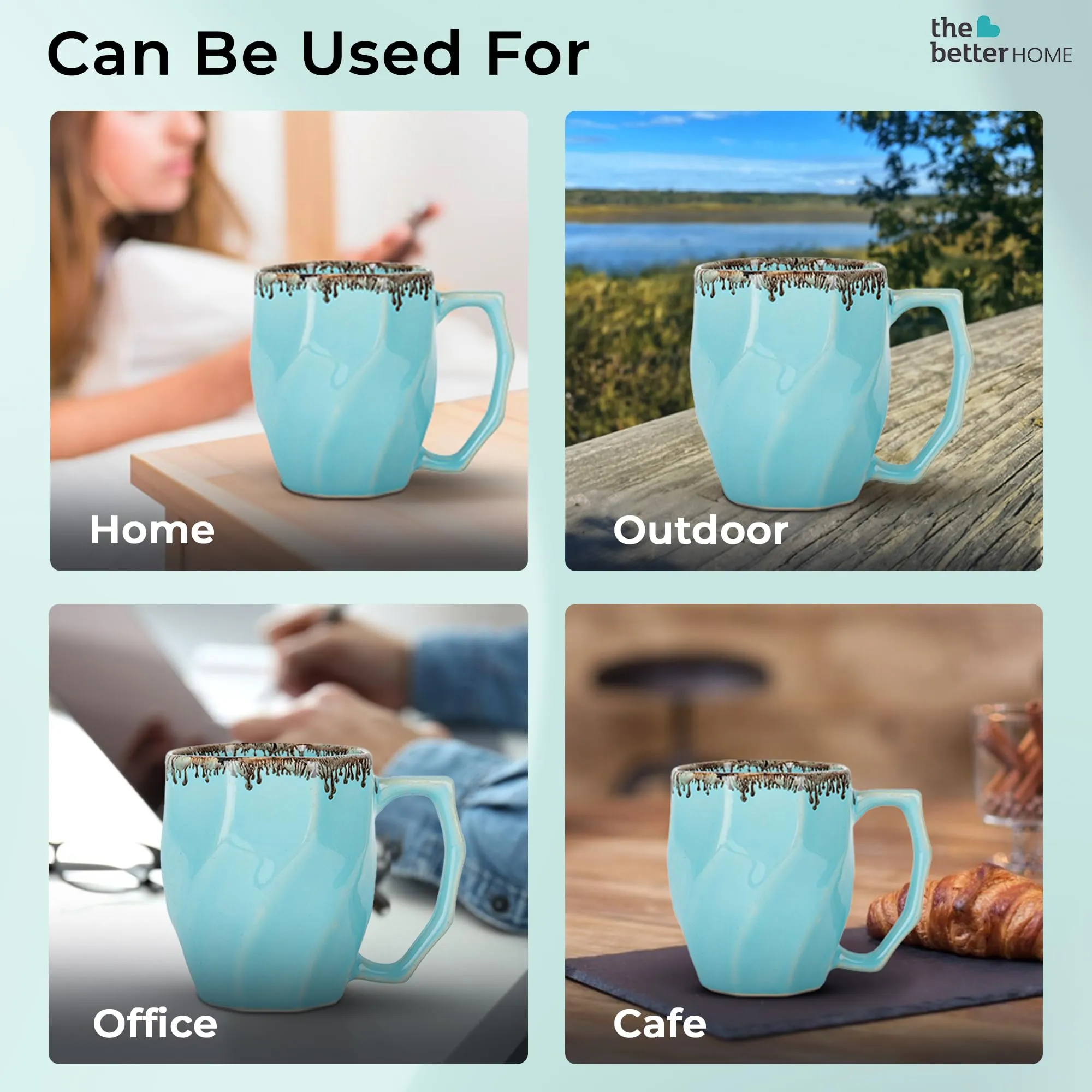 The Better Home Terra Series Ceramic Tea Coffee Cup with Handles (280 ml x 4) | Microwave Safe | Scratch Resistant | Stain Proof | Glossy Finish | Gifting Set | (Pack of 4- Sky Blue)