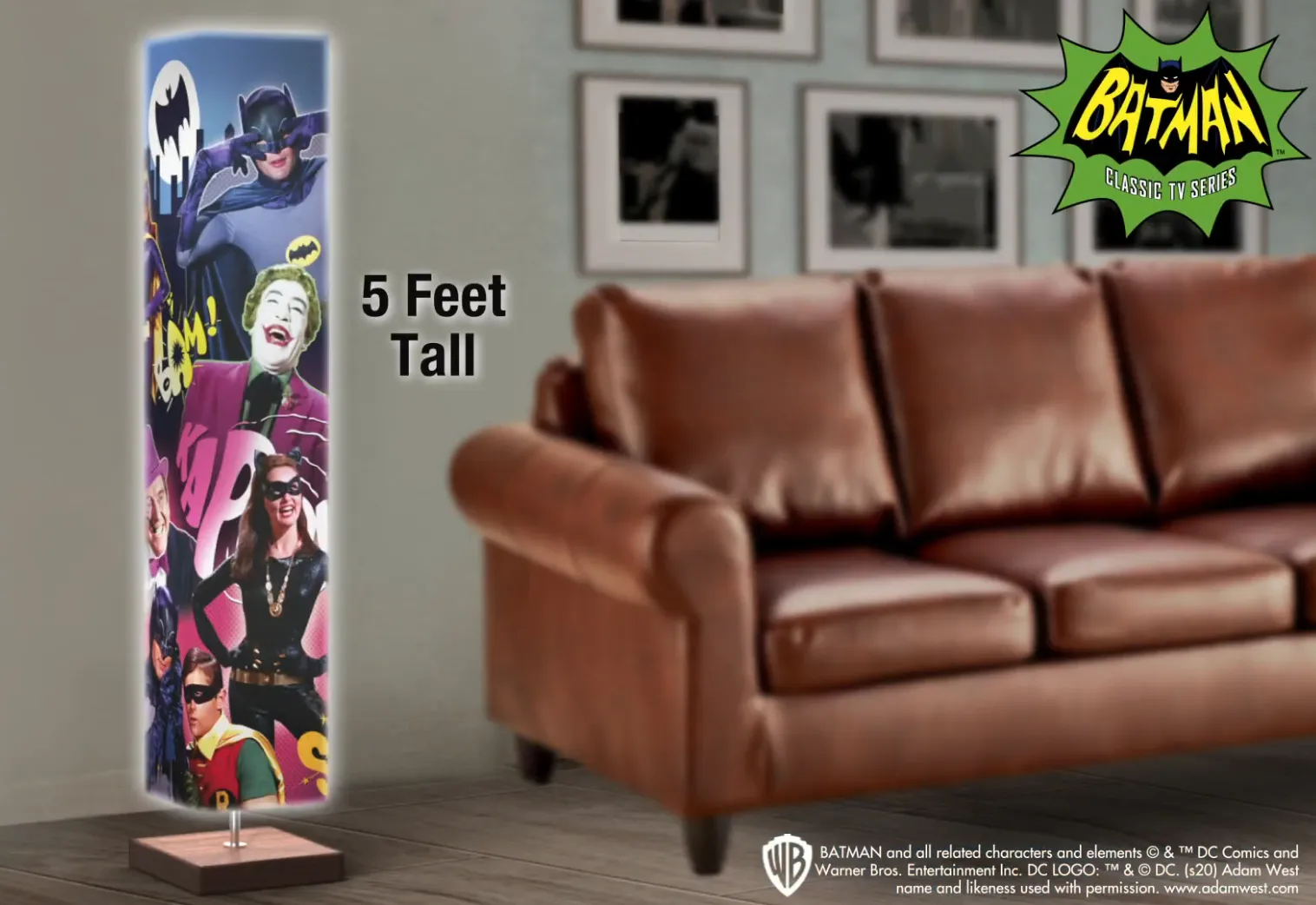 The Bradford Exchange Batman Floor Lamp Features Colorful Graphics of Robin Batgirl Catwoman Joker Penguin Riddler Mr Freeze and Egghead on 4 Sided Fabric Shade with Hands Free Floor Switch  5'-Feet