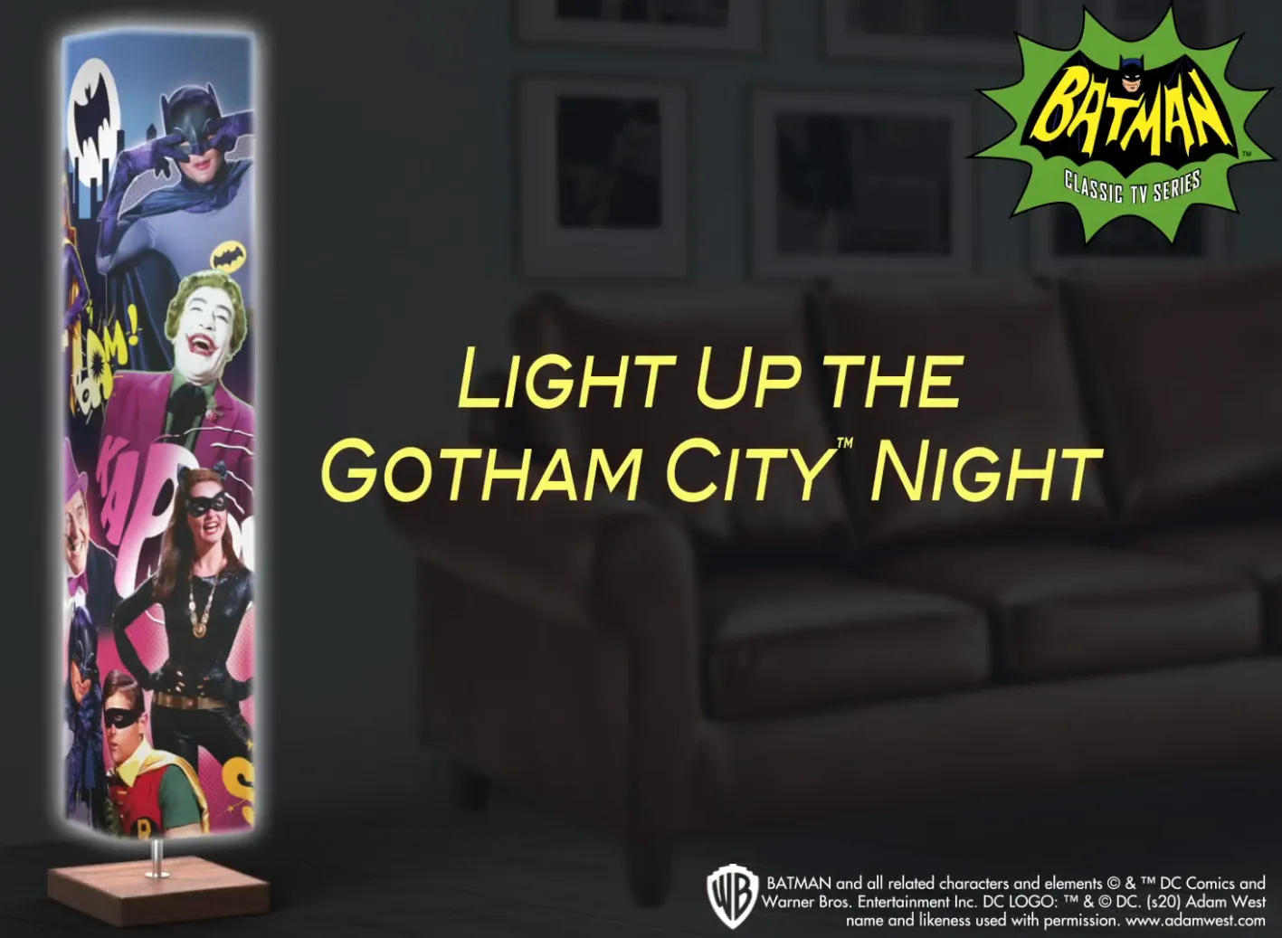 The Bradford Exchange Batman Floor Lamp Features Colorful Graphics of Robin Batgirl Catwoman Joker Penguin Riddler Mr Freeze and Egghead on 4 Sided Fabric Shade with Hands Free Floor Switch  5'-Feet