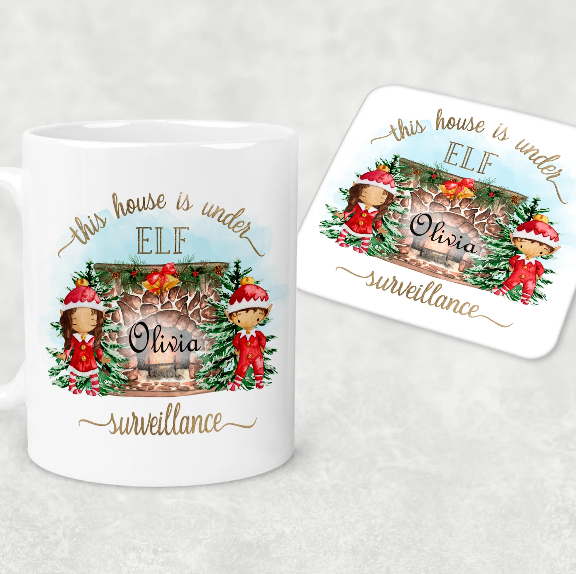 This House is Under Elf Surveillance Personalised Christmas Eve Mug and Coaster Set